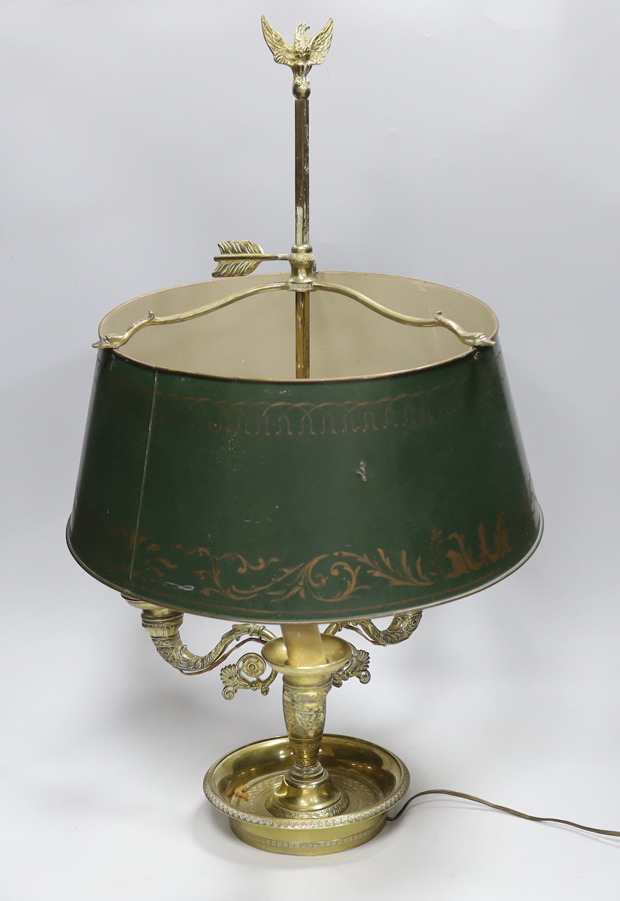 A Regency style gilt three branch/light table lamp with toleware shade, 65cm high